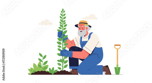 An elderly farmer carefully planting a tall green seedling in his garden.