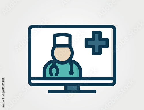 An illustrated icon of a doctor on a computer monitor, representing telemedicine or online medical consultation. Digital medicine vector image.