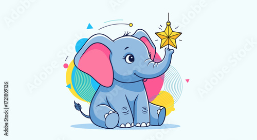 A cute baby elephant plays with a shiny star ornament against a backdrop of colorful abstract shapes.