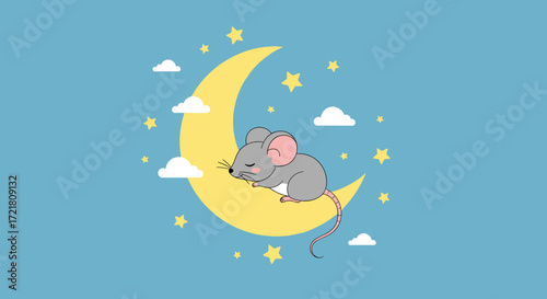 A cute little mouse peacefully sleeping on a crescent moon surrounded by stars and clouds in a dreamy night sky.