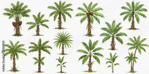 A diverse collection of illustrated palm trees, showcasing various species, sizes, and growth stages from sapling to mature tree with fruit.