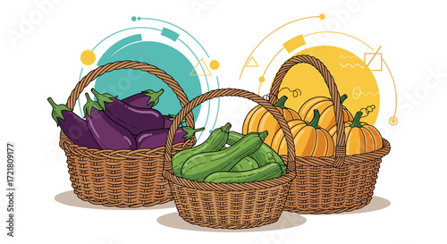 Three baskets overflowing with fresh seasonal vegetables like eggplants cucumbers and pumpkins .