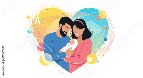 A loving couple cradles their newborn baby forming a heartwarming family embrace.