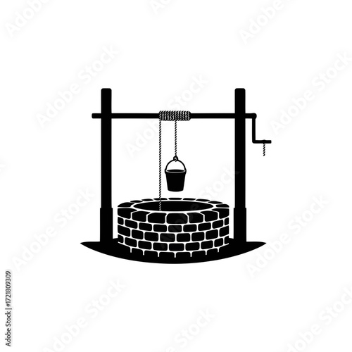 Water well with bucket and crank silhouette isolated on white background