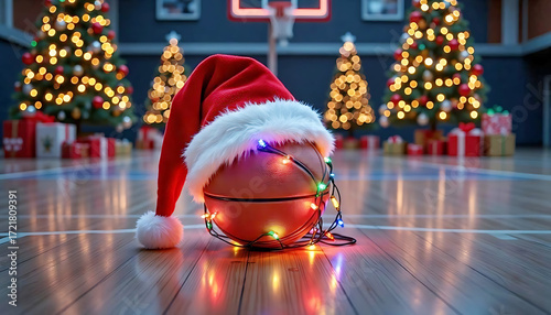Festive Christmas scene showcasing a basketball ball wearing Santa hat wrapped by Christmas string light resting on an indoor basketball court adorned with Christmas trees and ornaments