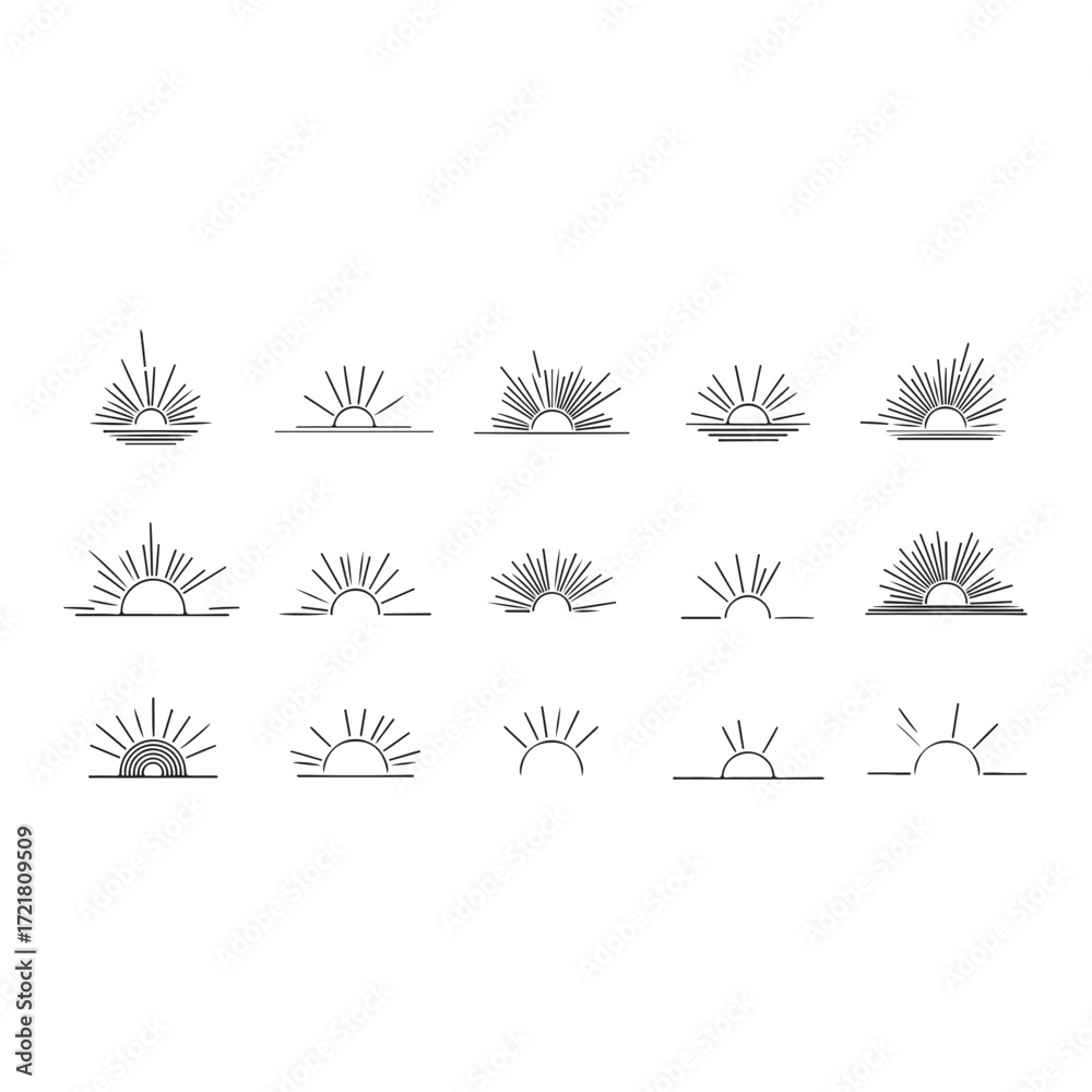 Fototapeta premium Minimal Sunrise and Sunset Icons Collection – Abstract Sun Symbol Set