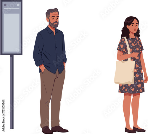 Urban waiting scene, man and woman standing near signpost, casual fashion, public space, outdoor lifestyle, travel moment, street interaction
