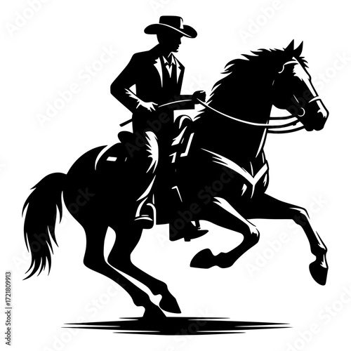 An isolated black silhouette of a galloping jockey and a racehorse