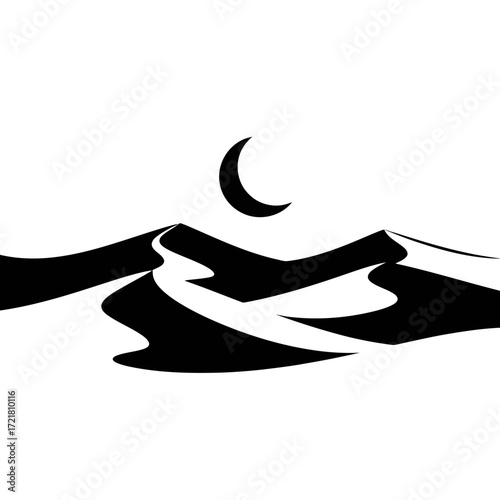 Desert dunes and crescent moon silhouette isolated on white background