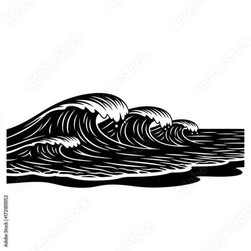 Stylized ocean waves breaking on a beach silhouette isolated on white background