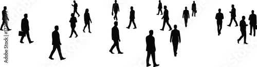 Business walking silhouette, professional figure motion, black shape on white background, commuting posture study, briefcase gesture illustration, urban activity