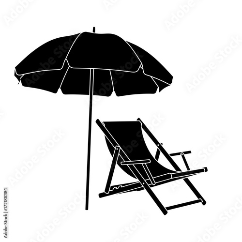Beach chair and umbrella silhouette isolated on white background