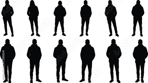 Casual hoodie silhouettes, standing posture study, hands in pockets, relaxed stances, gender-neutral fashion, body language reference, urban illustration, sketch