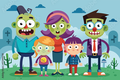 Group of cartoon zombies posing cheerfully in a spooky graveyard setting