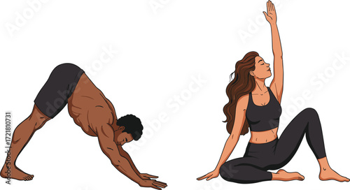 Yoga poses for flexibility, wellness, stretching, fitness, mindfulness, healthy lifestyle, downward dog, seated twist, indoor exercise, calm, balance, posture