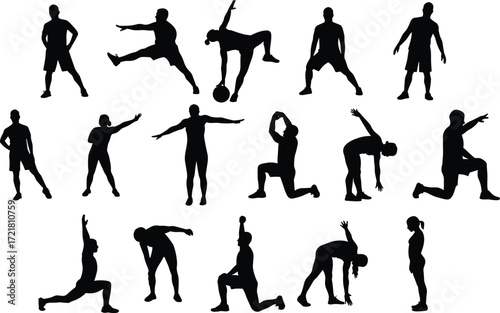 Exercise silhouette illustration, athletic poses, stretching, squats, lunges, jumping, balance, sports motion, minimal design, white background, body movement