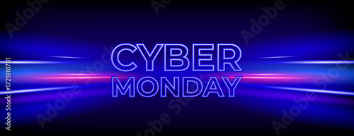 Glowing Cyber Monday banner with horizontal neon speed lines in vibrant blue and pink tones. Sleek futuristic style, ideal for digital shopping deals, website headers, and online campaigns.