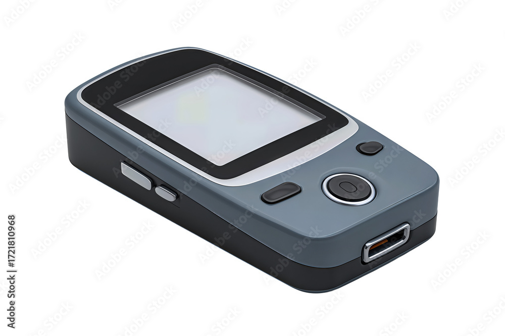 Medical glucose monitor featuring circular button and side lancing port, isolated on transparent background.
Medical glucose monitor featuring circular button and side lancing port, isolated on transparent background.