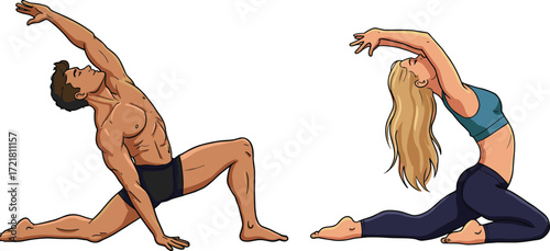 Yoga pose, fitness stretch, flexibility training, wellness lifestyle, male and female workout, balance exercise, healthy body, outdoor yoga, mindful movement