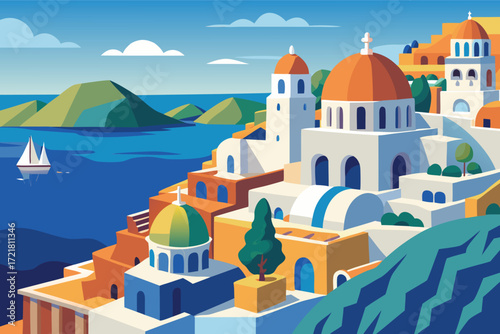 Colorful coastal village with domed roofs overlooking a serene sea during a clear day
