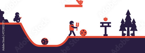 Vector illustration of an abstract 2D platformer video game world with quirky characters navigating a minimalist obstacle course