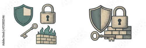 Security symbols featuring shields, locks, and keys on a textured background for a safe and secure environment