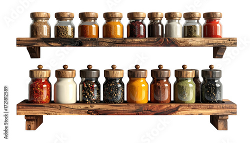 Two wooden spice rack shelves filled with glass jars of various spices