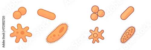 Colorful cartoon bacteria and microbes in various shapes and sizes on a clean background