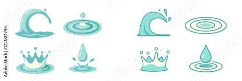 Different representations of water droplets and waves in a simple and colorful design style showcasing fluid movement and shapes