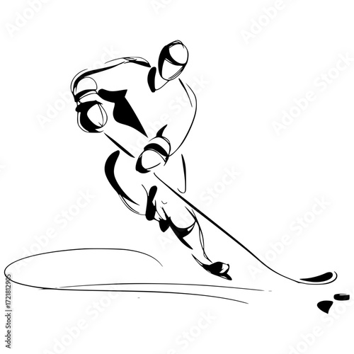 Abstract ice hockey player in motion with a stick in a dynamic pose in minimalist line art style
