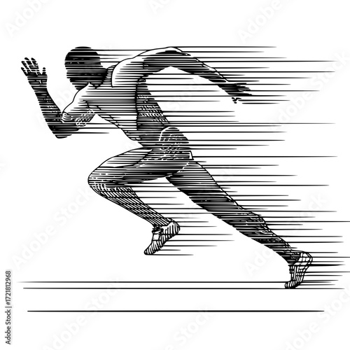 Fast runner sprinting with motion blur effect in a dynamic pose in minimalist line art style