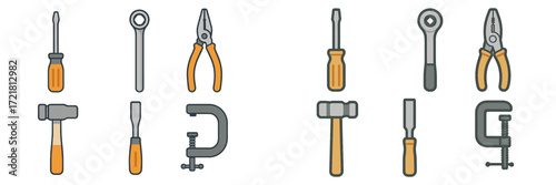 Collection of hand tools including pliers, screwdrivers, hammers, and wrenches arranged on a plain background in a neat layout