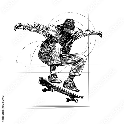 Skateboarder performing a trick in mid-air in a dynamic pose with sketch lines in minimalist style