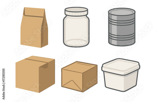 Various types of packaging including boxes, jars, and containers for multiple storage purposes