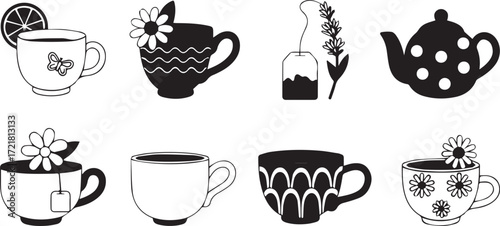 Vector art of collection of colorful teacups and teapot for tea time isolated on white