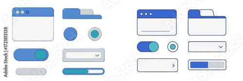 User interface design elements featuring buttons, sliders, and windows for modern applications in a digital layout