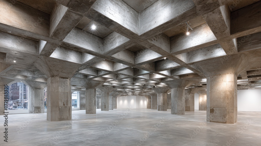 Obraz premium Brutalist Concrete Interior with Grid Ceiling and Columns architecture