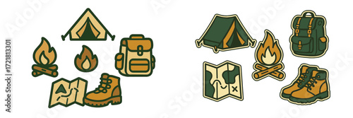 Illustrations of camping gear and outdoor activities featuring tents, backpacks, maps, and campfires for adventure enthusiasts