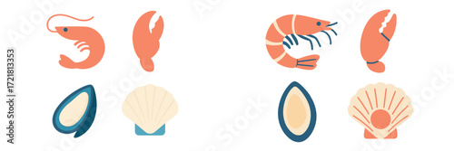 Colorful seafood illustrations featuring shrimp, lobster, mussels, and scallops in a playful design
