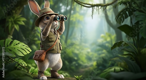 Cute Rabbit Explorer Wearing Safari Hat and Backpack Looking Through Binoculars in Dense Jungle