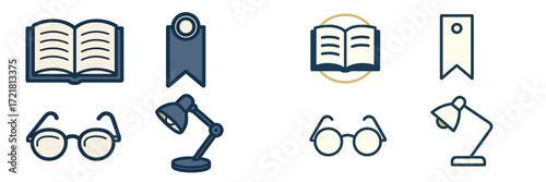Collection of reading icons featuring books, bookmarks, glasses, and desk lamps on a minimal background
