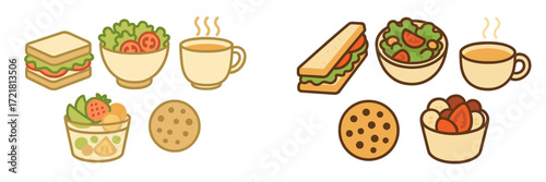 Delicious variety of healthy meals featuring salads, sandwiches, and desserts on a simple background