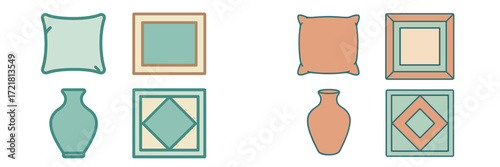 Decorative pillows, frames, and vases arranged in various designs for home styling inspiration