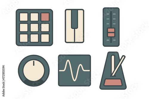Music production tools and icons displayed in a simple and modern design for creative projects or applications