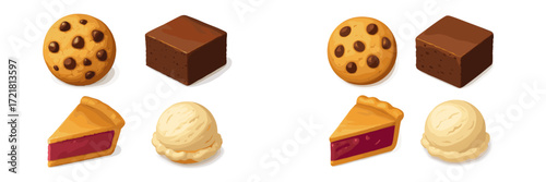Delicious assortment of desserts featuring cookies, brownies, pie, and ice cream on a simple background