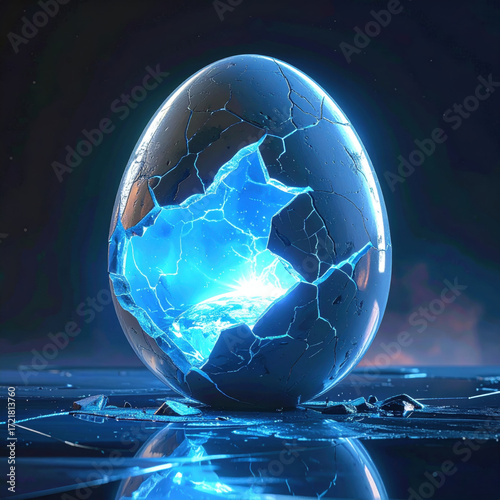 Cracked egg glowing core blue light reflective surface broken shell surreal concept futuristic art neon glow Surreal cracked egg with radiant core