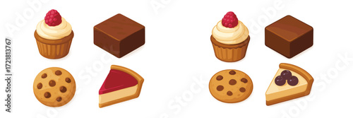 Colorful assortment of desserts including cupcakes, cookies, and chocolate squares on a white background