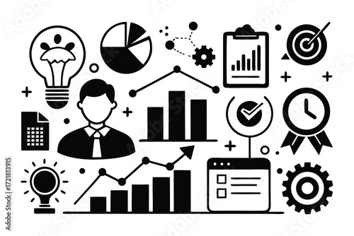 Creative business growth visual showcasing data analysis, teamwork, and goal setting in a modern workspace environment