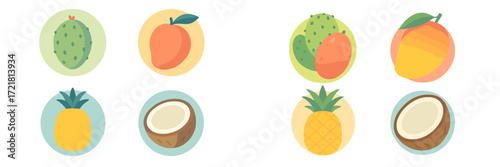Colorful collection of tropical fruits displayed in simple round icons on a white background