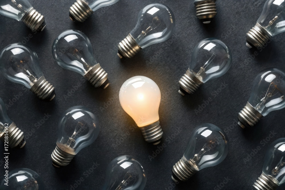 Fototapeta premium Single glowing bulb among unlit ones on dark surface, symbolizing individuality, creativity, and the emergence of a standout idea